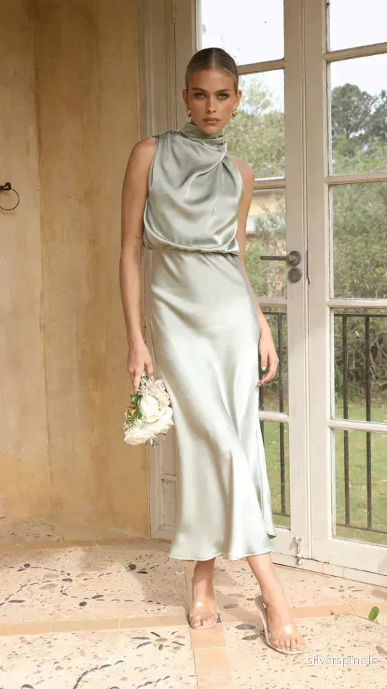 Elegant Klänning Dam | Halter Midi Klänning med Draperad Halsringning | Perfekt för Bröllop och Sommarfester - Bild 3
