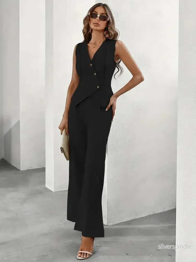 Elegant Set för Kvinnor | Ärmlös Kavajtopp med Asymmetriska Knappar & Vida Byxor för Tidlös Stil - Bild 3
