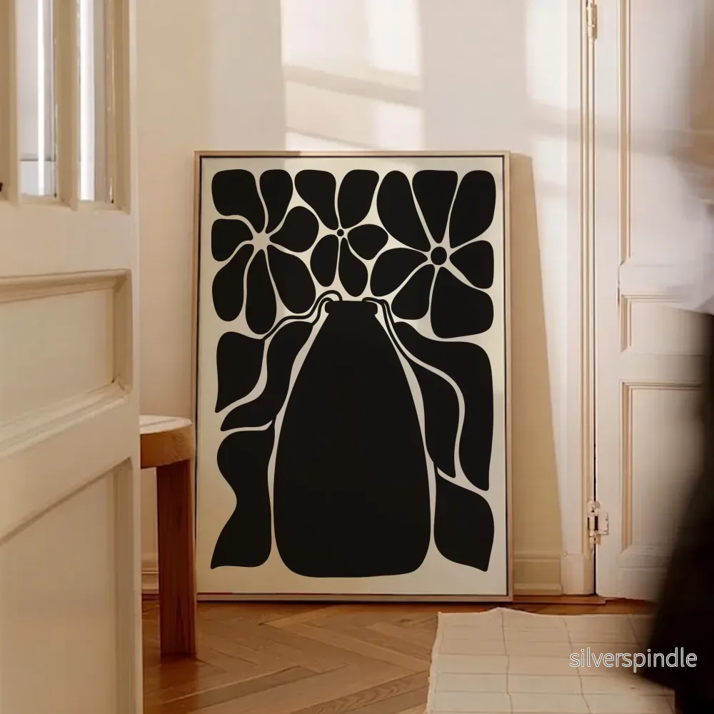 Blommande vas i svart – grafisk botanisk poster
