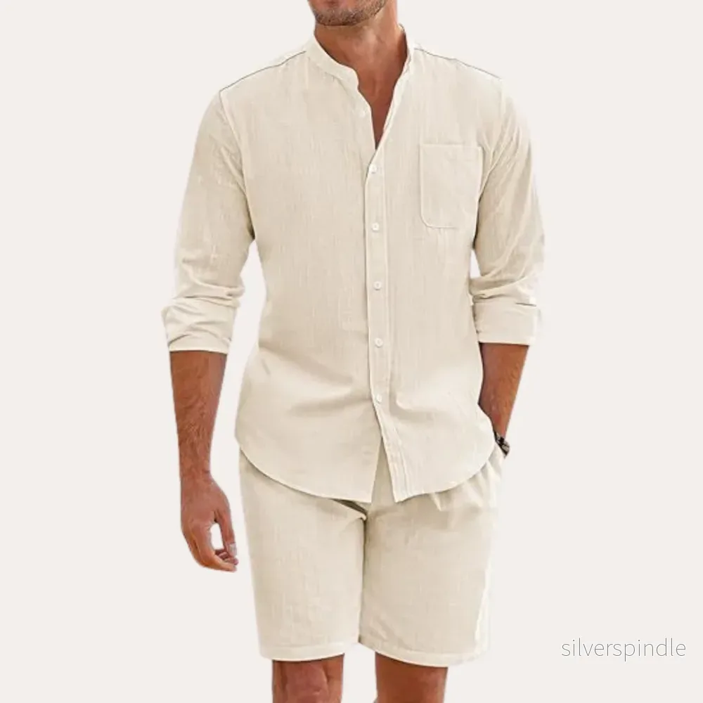 Sommarset för Män | Långärmad Skjorta och Shorts med Andningsbart Material | Avslappnad Passform för Komfort och Stil Sommarset för Män | Långärmad Skjorta och Shorts med Andningsbart Material | Avslappnad Passform för Komfort och Stil