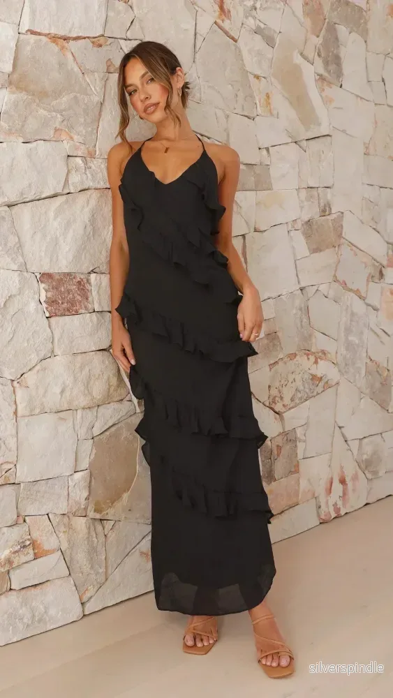 Elegant Maxiklänning Dam med Halter Neck & Kaskadvolanger | Lång Klänning för Bröllop och Fester - Bild 3