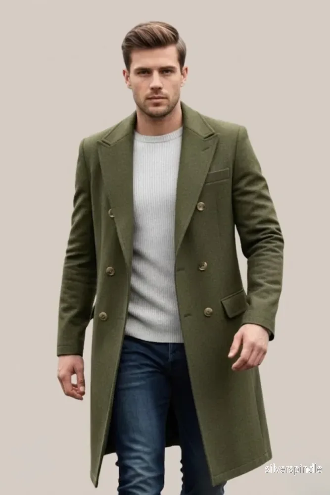 Elegant Dubbelknäppt Lång Kappa för Män med Skräddarsydd Passform | Tidlös Design för Alla Tillfällen - Bild 3