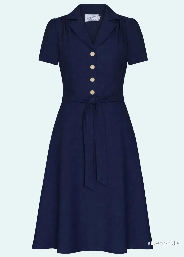 Betty kortärmad skjortklänning – navy linen Betty kortärmad skjortklänning – navy linen