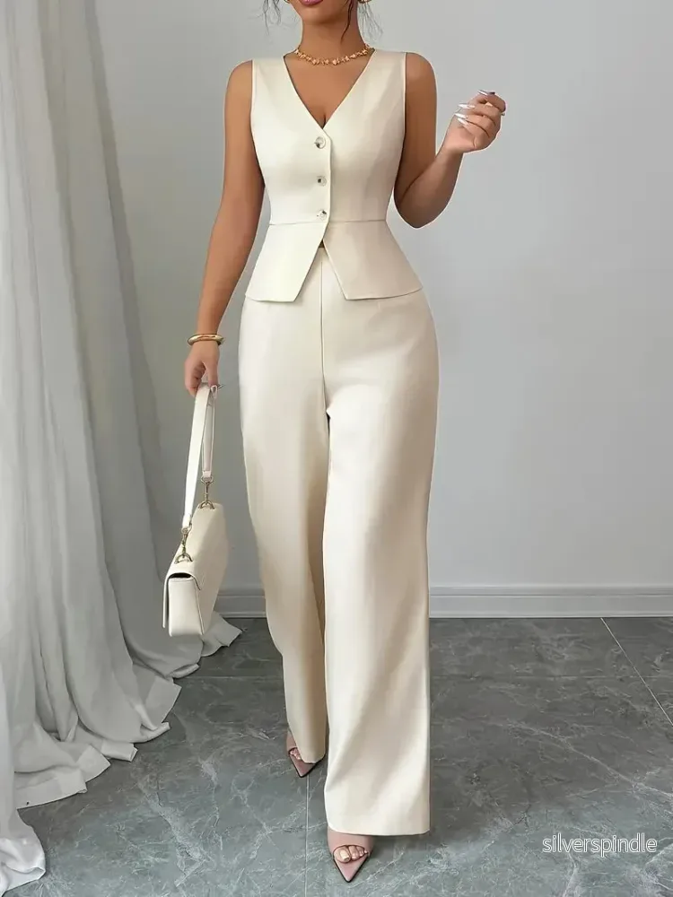Elegant Byxset för Kvinnor | Skräddarsydd Väst med Vida Ben | Stilrent Plagg för Arbetskläder och Evenemang Elegant Byxset för Kvinnor | Skräddarsydd Väst med Vida Ben | Stilrent Plagg för Arbetskläder och Evenemang