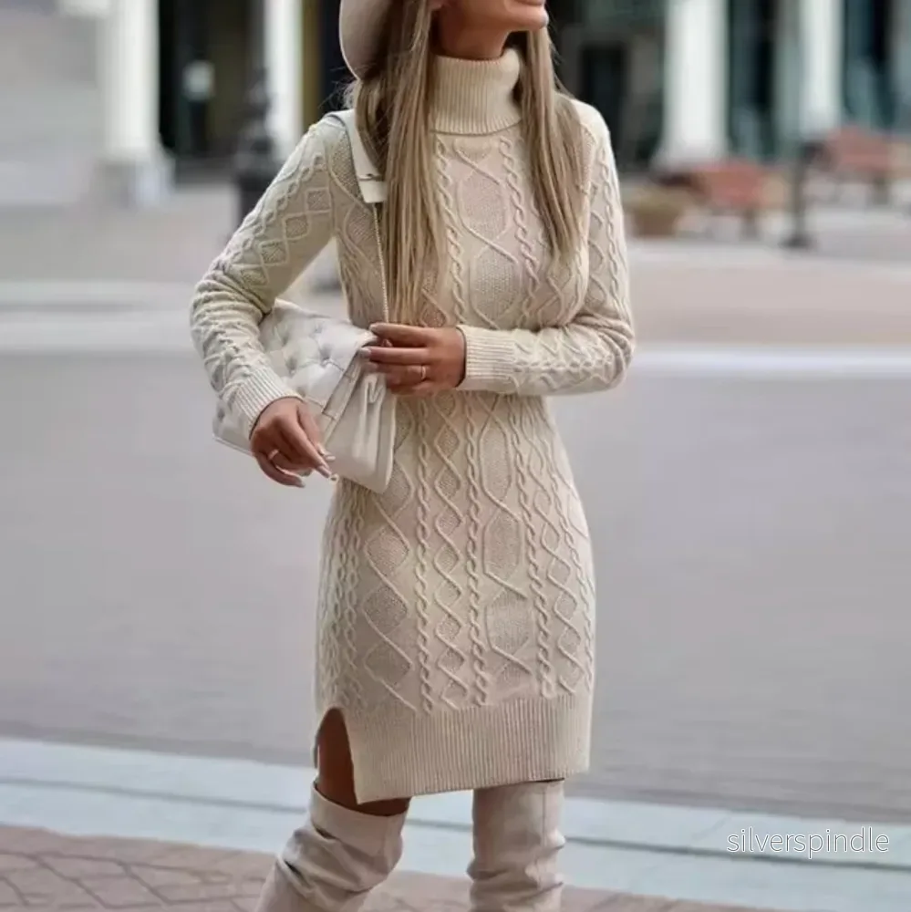 Elegant Stickad Klänning Dam med Turtleneck och Sidoslits - Bekväm Höstmode för Alla Tillfällen - Bild 3