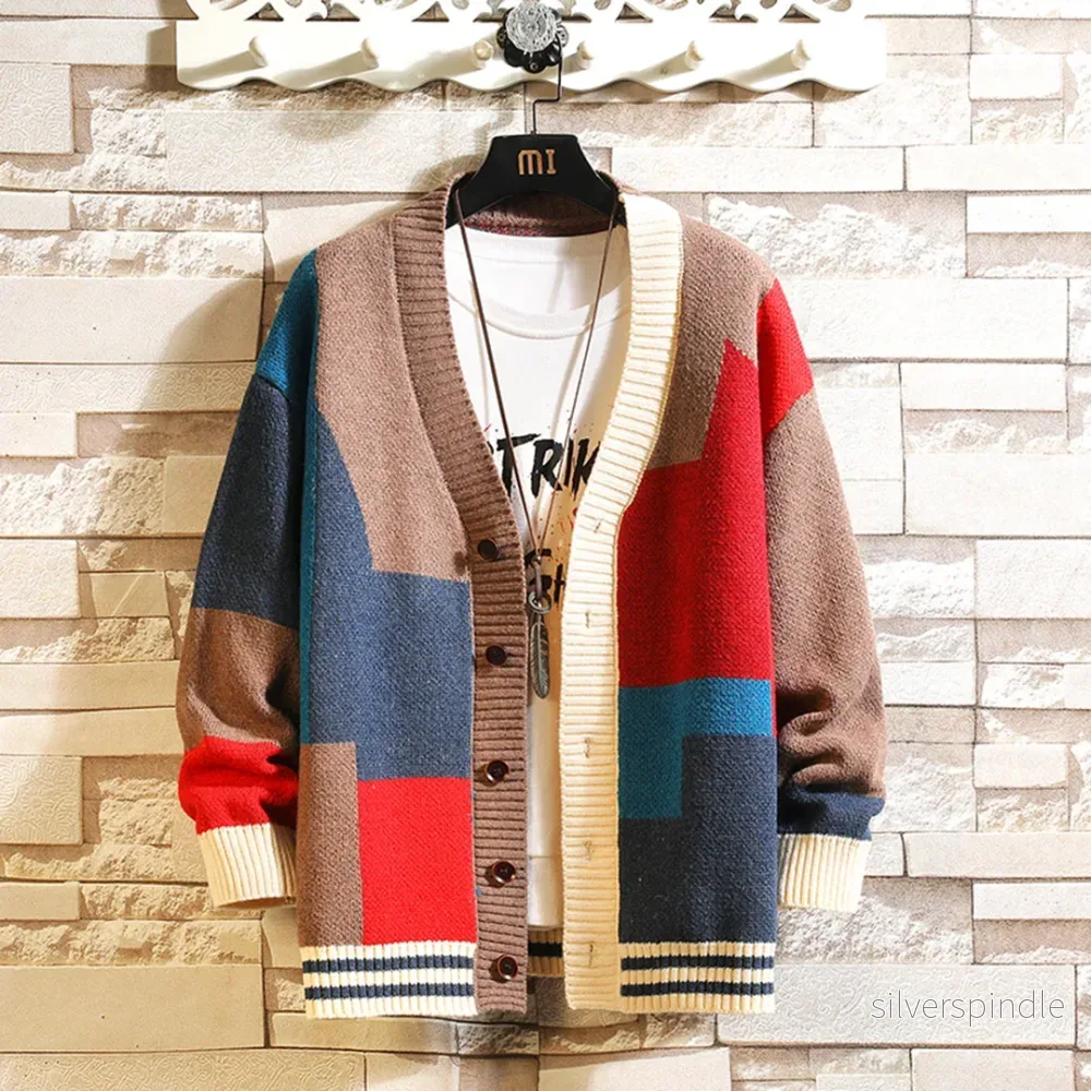 Ribbade Cardigan Män | Färgblock V-Ringning med Bekväm Passform | Mjukt Material för Vardagsbruk