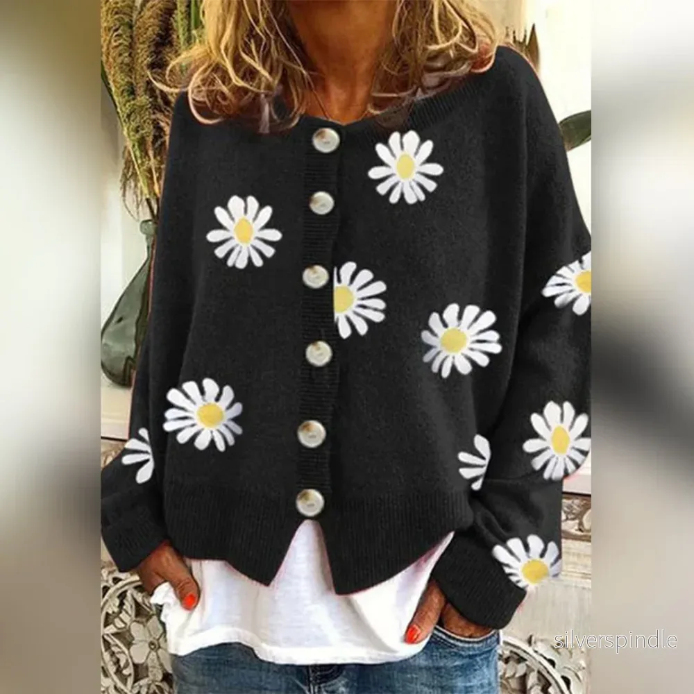 Blommig Stickad Kofta för Kvinnor med Knäppning | Mjuk och Bekväm Tröja för Eleganta Tillfällen - Bild 3