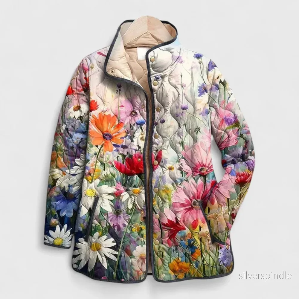 Mia | Quiltad Lång Vinterjacka Dam Med Vintage Blommönster - Bild 3