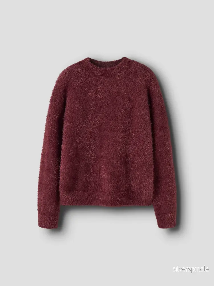 Ohami Fluffig Stickad Tröja Vinröd - Bild 3