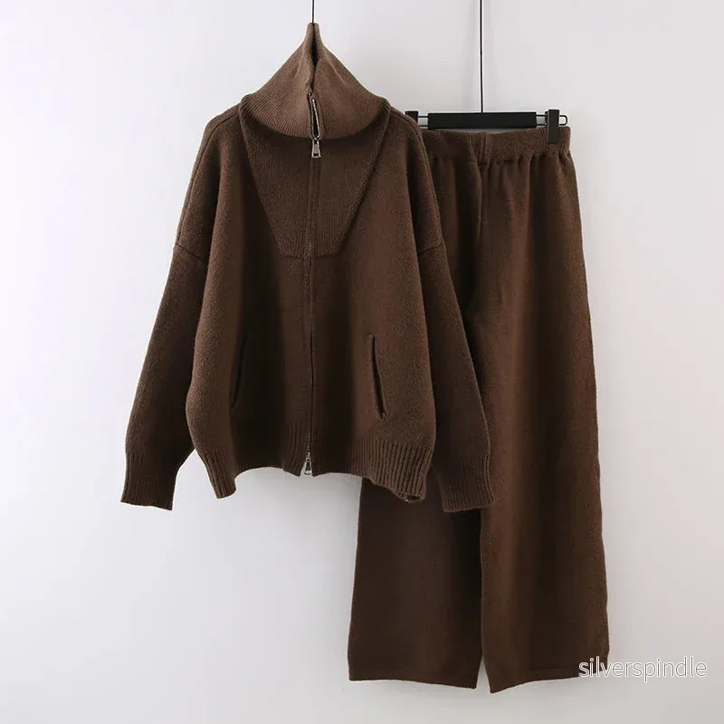 Olivia | Elegant Stickat Set Dam med Hög Krage och Elastisk Midja