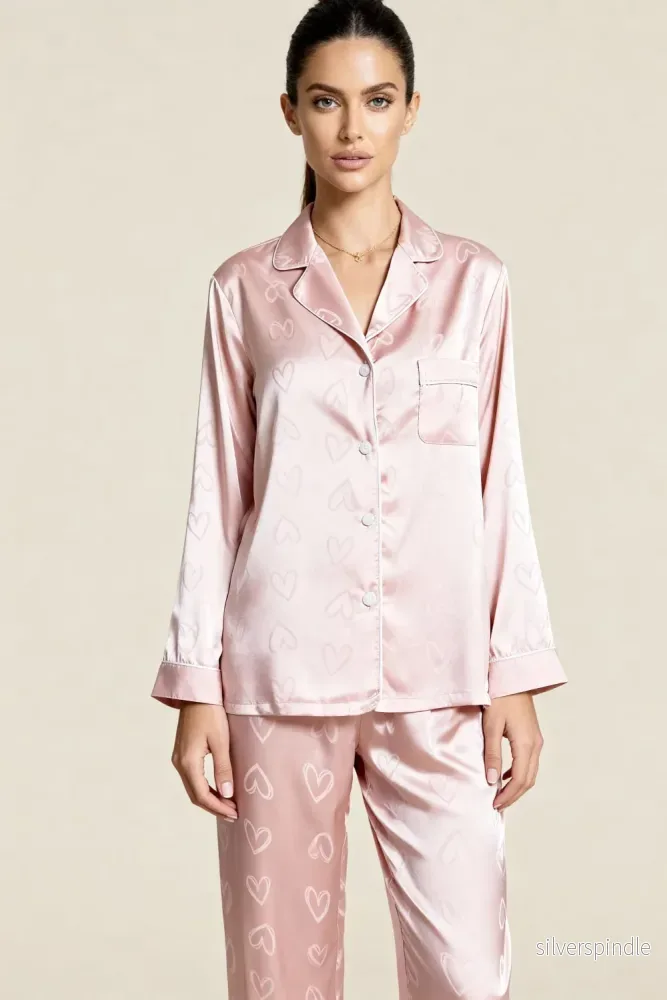 Mia | Elegant Satin Pyjamas Set med Hjärtmönster för Dam - Bild 2