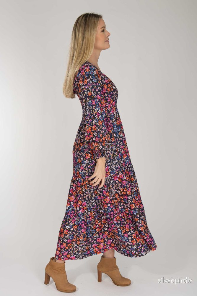 Soft viscose smock midi dress - Navy pink flower - Bild 3
