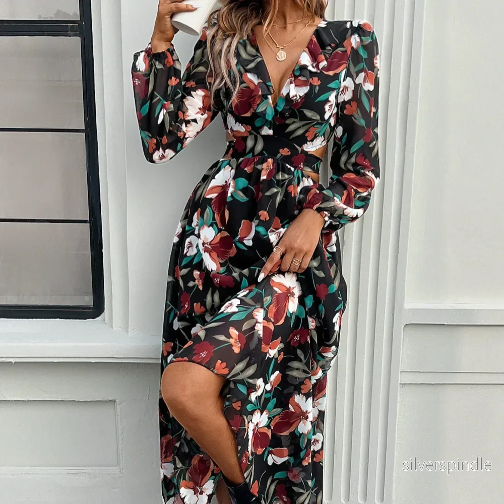 Mia | Elegant Långärmad Klänning med Blommönster för Fest Mia | Elegant Långärmad Klänning med Blommönster för Fest