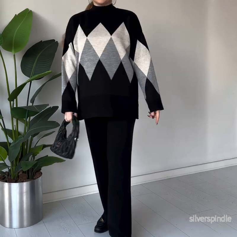 Emma | Färgglad Diamantmönstrad Tröja och Byxor Set - Bild 2