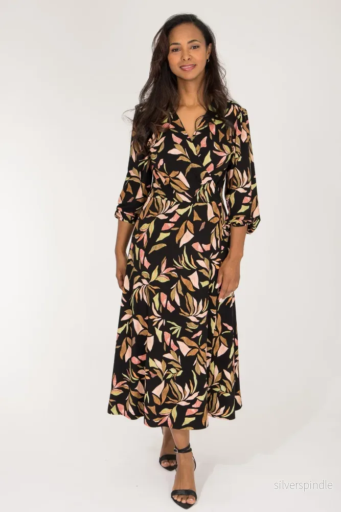 Slip-On wrap midi jersey dress - Black printed