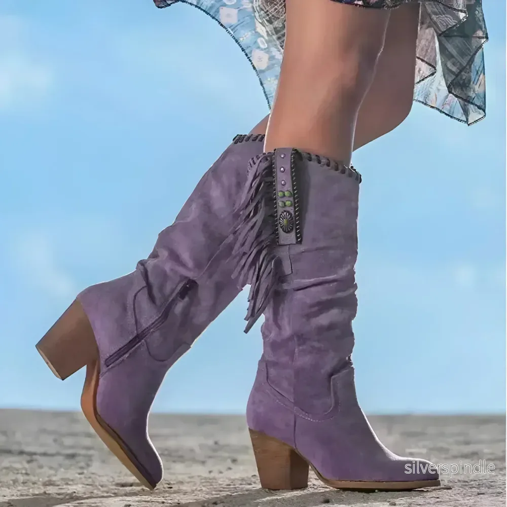Boho-Kollektion | Cowboystövlar för Kvinnor med Fransar | Vadlånga och Bekväma för Stil och Rörlighet - Bild 2