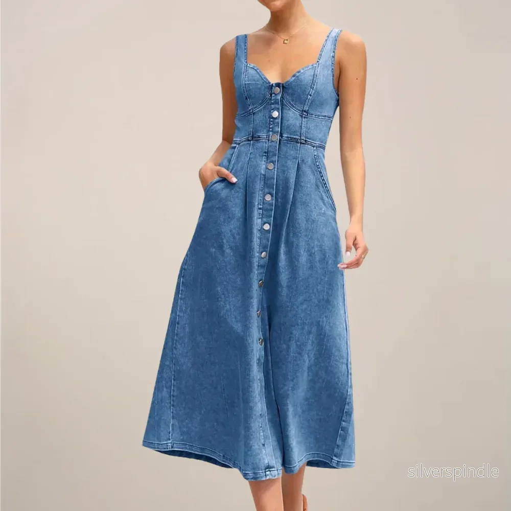 Tidlös | Jeansklänning Dam med Ärmlös Design och Knapp Framtill | Elegant och Allsidig för Vår och Sommar - Bild 2