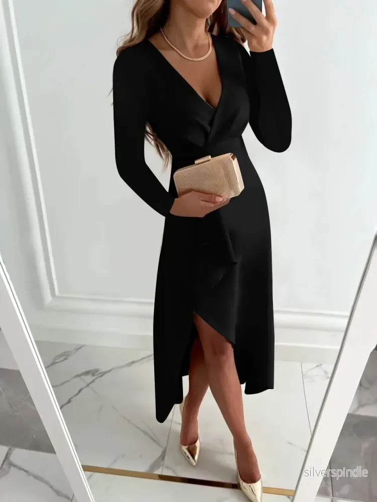 Amelia | Elegant Asymmetrisk Midiklänning Dam med V-Ringning