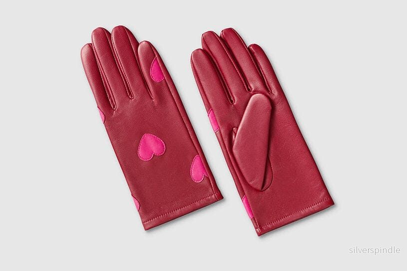 Läderhandskar - röda med rosa hjärtan - Bild 3