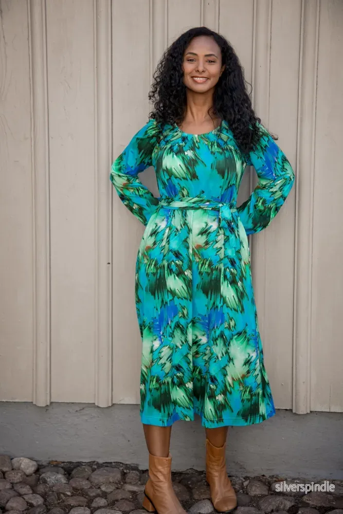 A-lined belted midi jersey dress – Blue-green A-lined belted midi jersey dress – Blue-green