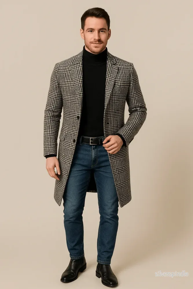 Elegant Trenchcoat | Rutig Ullblandning med Slim Fit | Modern Stil för Höst och Vinter