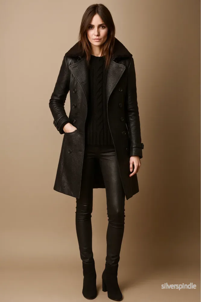 Elegant Svart Trenchcoat i Konstläder med Shearling-Krage | Stilren Design för Höst och Vinter