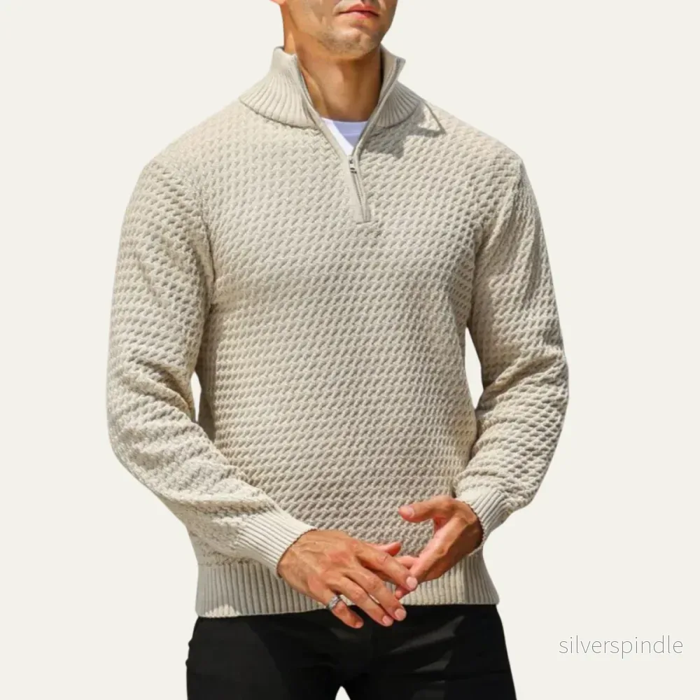 Elegant Stickad Tröja med Kvartsdragkedja och Texturerat Mönster | Perfekt för Smart Casual Stil - Bild 3