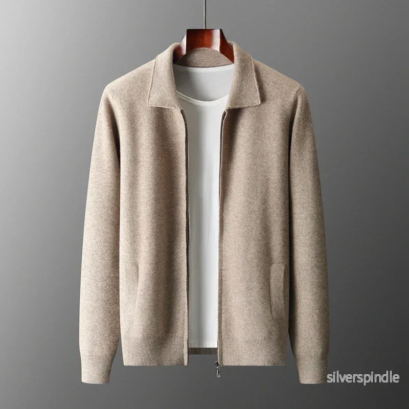 Elegant Herrkofta | Zip Up Cardigan med Skjortkrage & Fickor | Mångsidig Stil för Smart-Casual Look