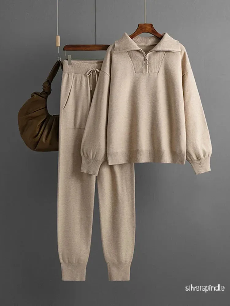 Sophie | Trendigt Stickat Loungeset med Pullover och Taperade Joggers