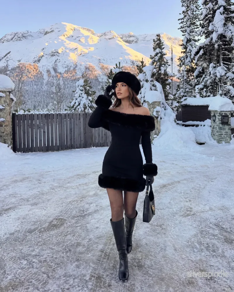 Ava | Elegant Off-Shoulder Miniklänning med Fuskpäls - Bild 2