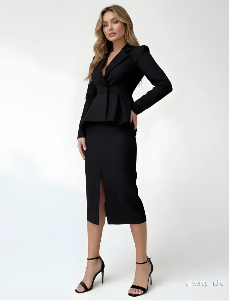 Skräddarsydd Kostym Kvinna | Elegant Blazer och Midi Pennkjol för Professionell Stil Skräddarsydd Kostym Kvinna | Elegant Blazer och Midi Pennkjol för Professionell Stil