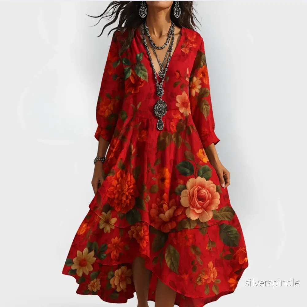 Mia | Blommig Boho Midiklänning med Trekvartsärm - Bild 2