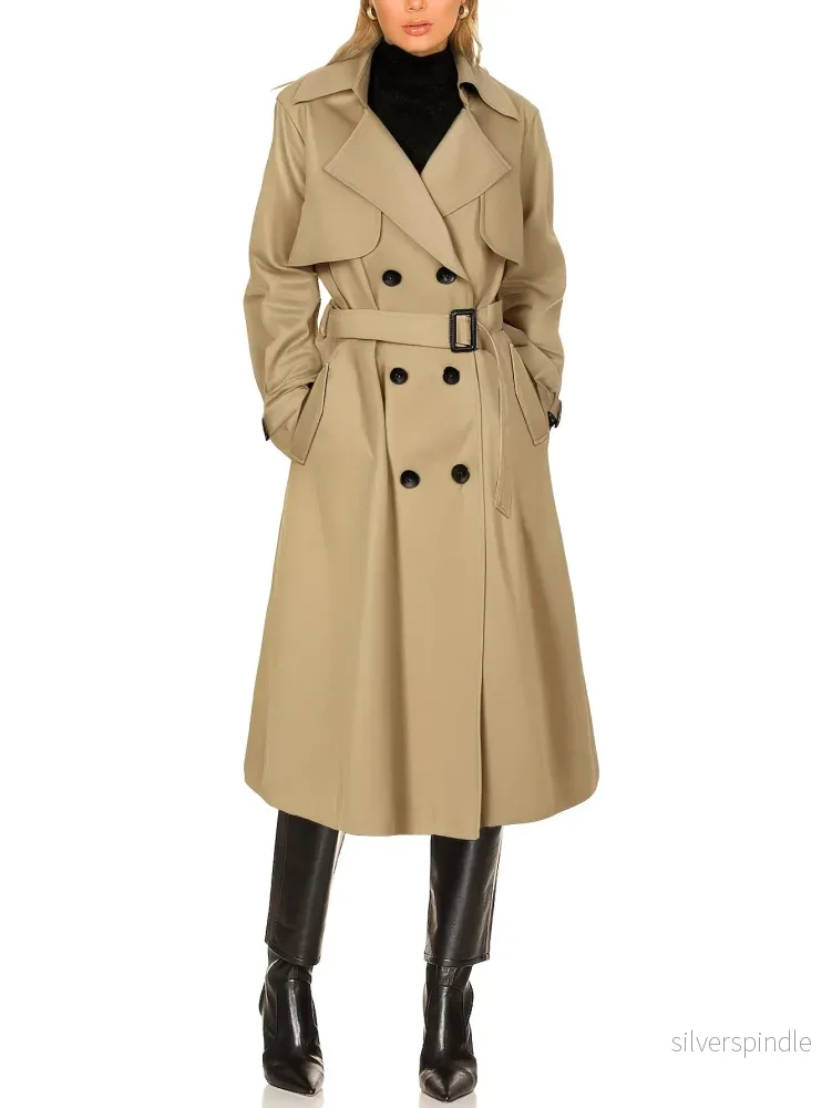 Elegant Lång Trenchcoat Dam med Dubbelknäppning | Vindskydd för Tidlös Stil - Bild 2