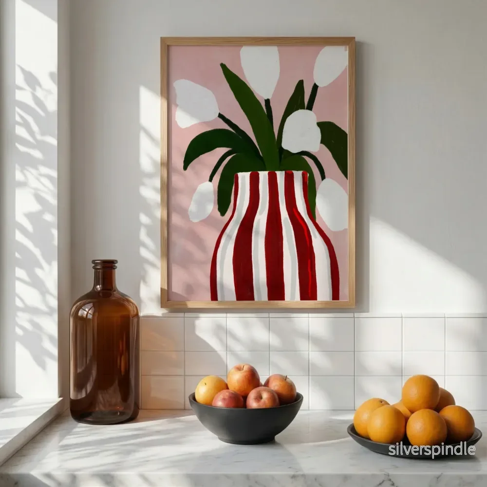 Botanisk poster Tulpaner i Randig Vas - Rosa & Rött - Bild 3
