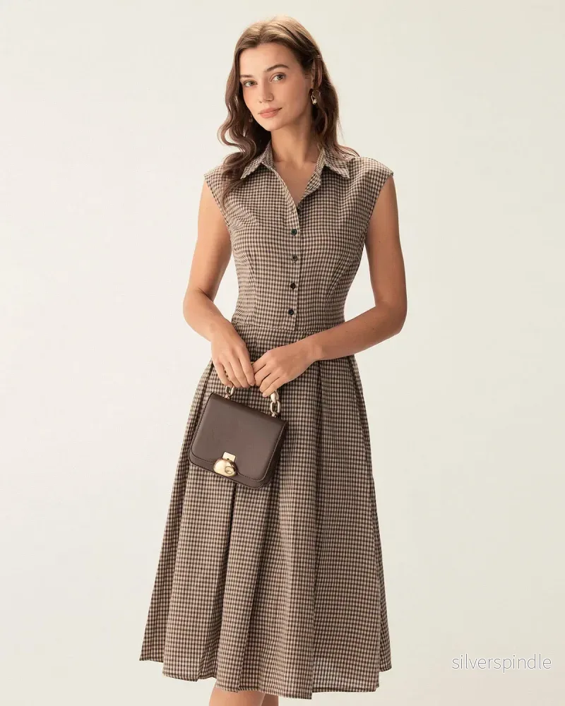 Sophie | Elegant A-Linjeformad Höstklänning i Brunrutigt Mönster Sophie | Elegant A-Linjeformad Höstklänning i Brunrutigt Mönster