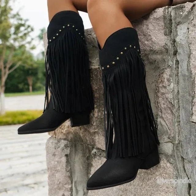 Elegant Cowboystövlar för Kvinnor med Fransar & Fyrkantig Klack | Bekväm Slip-On Design för Stil och Komfort