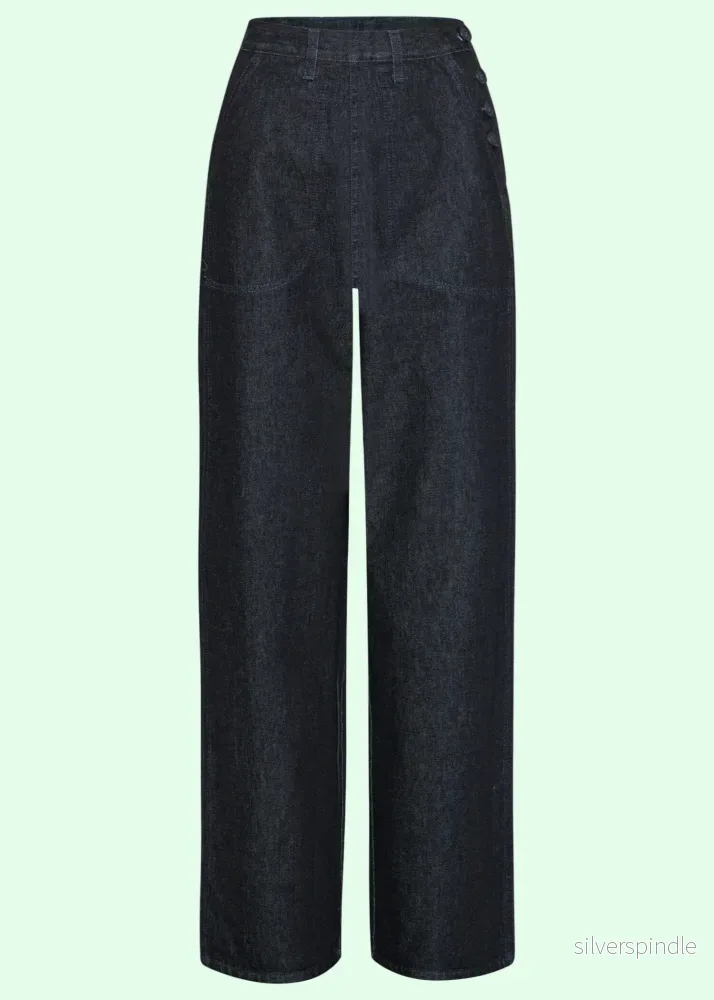 1940-tals jeans med knappar – mörkblå denim, extra benlängd 1940-tals jeans med knappar – mörkblå denim, extra benlängd