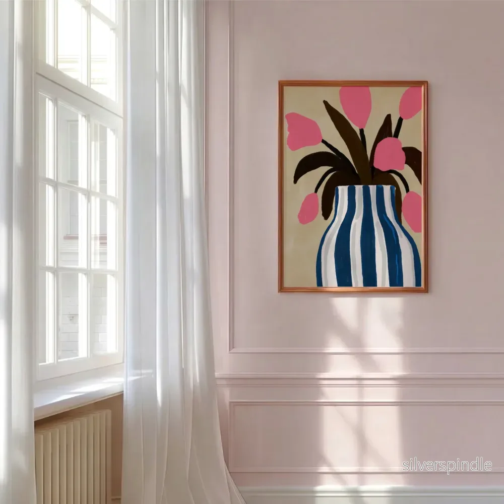 Botanisk Poster Rosa Tulpaner i Blårandig Vas - Bild 3