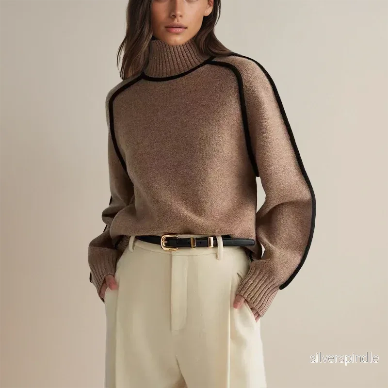 Sofia | Randig Slim Fit Polotröja Dam, Stickad Hög Halsringning Sofia | Randig Slim Fit Polotröja Dam, Stickad Hög Halsringning