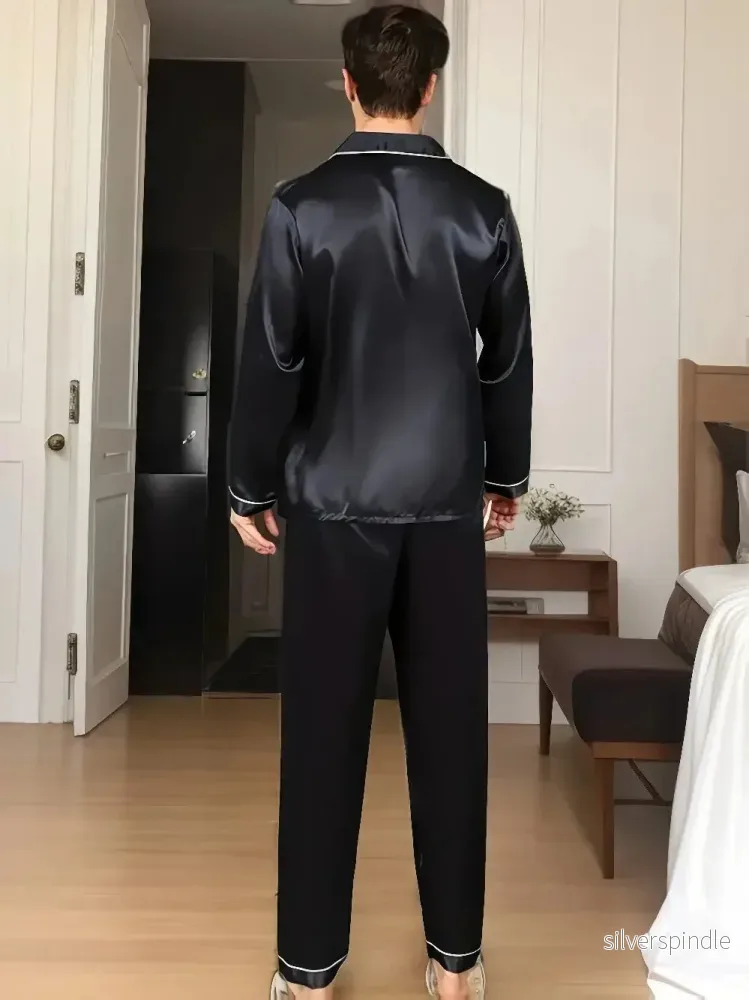 Elegant Pyjamas Set för Män i Satin med Krage | Tidlös och Bekväm Design för Avkoppling - Bild 2