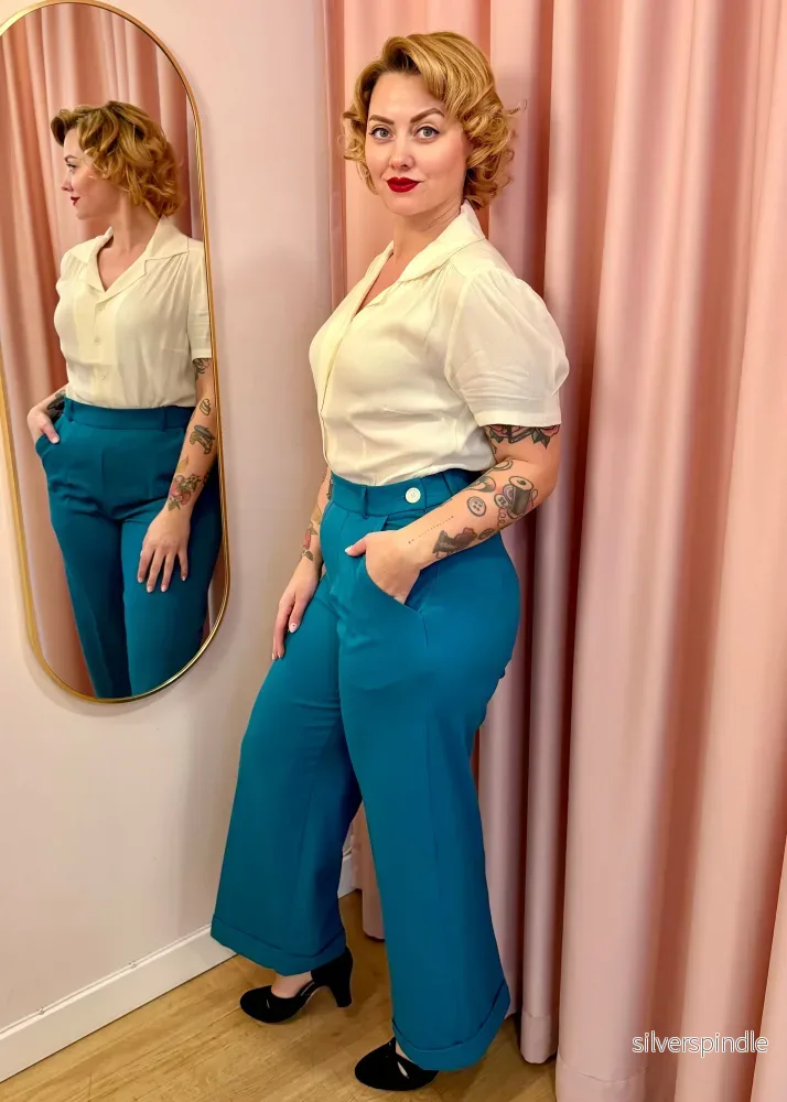Klassisk byxa med hög midja - teal - Bild 2