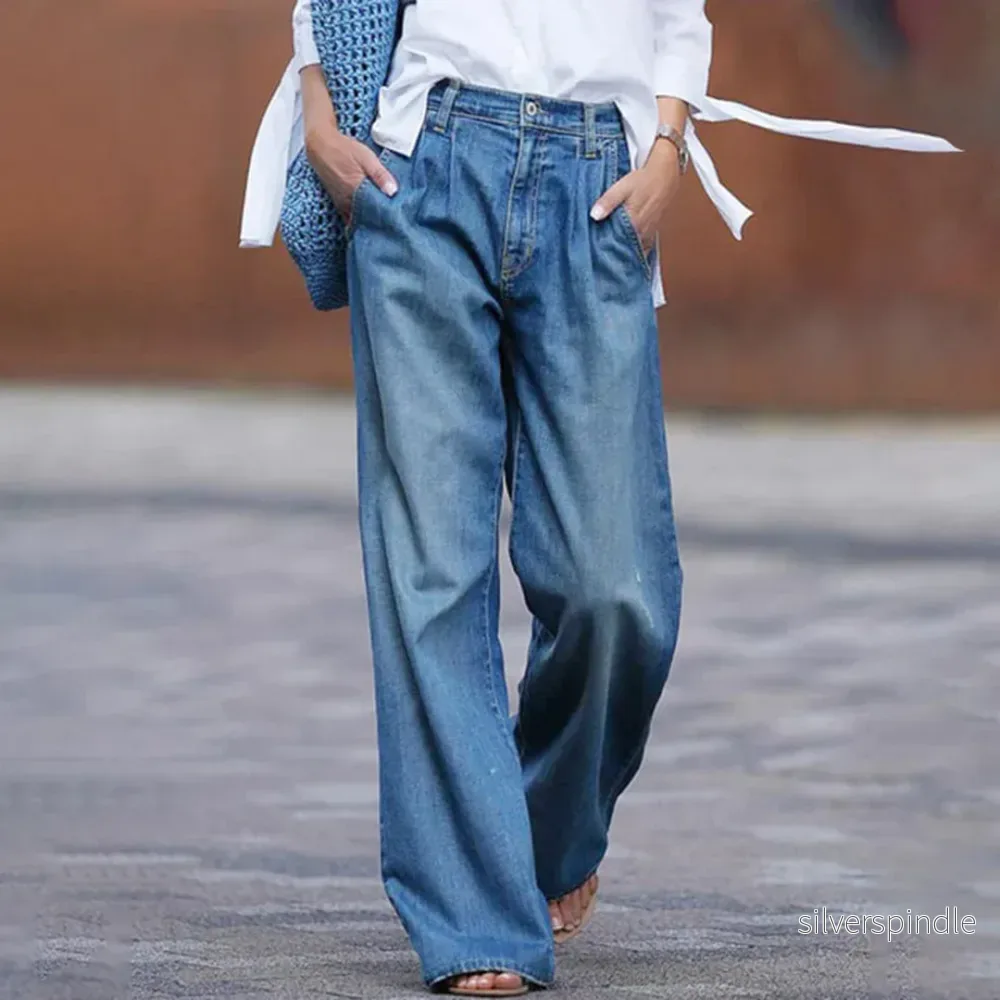 Kvinnors Vida Jeans | Blå Hög Midja med Klassiska Veck | Bekväm Siluett för Elegant Stil Kvinnors Vida Jeans | Blå Hög Midja med Klassiska Veck | Bekväm Siluett för Elegant Stil