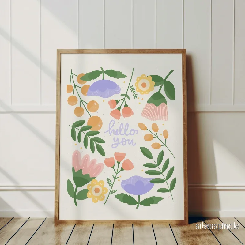Blommig poster barnrum – Hello You i lila