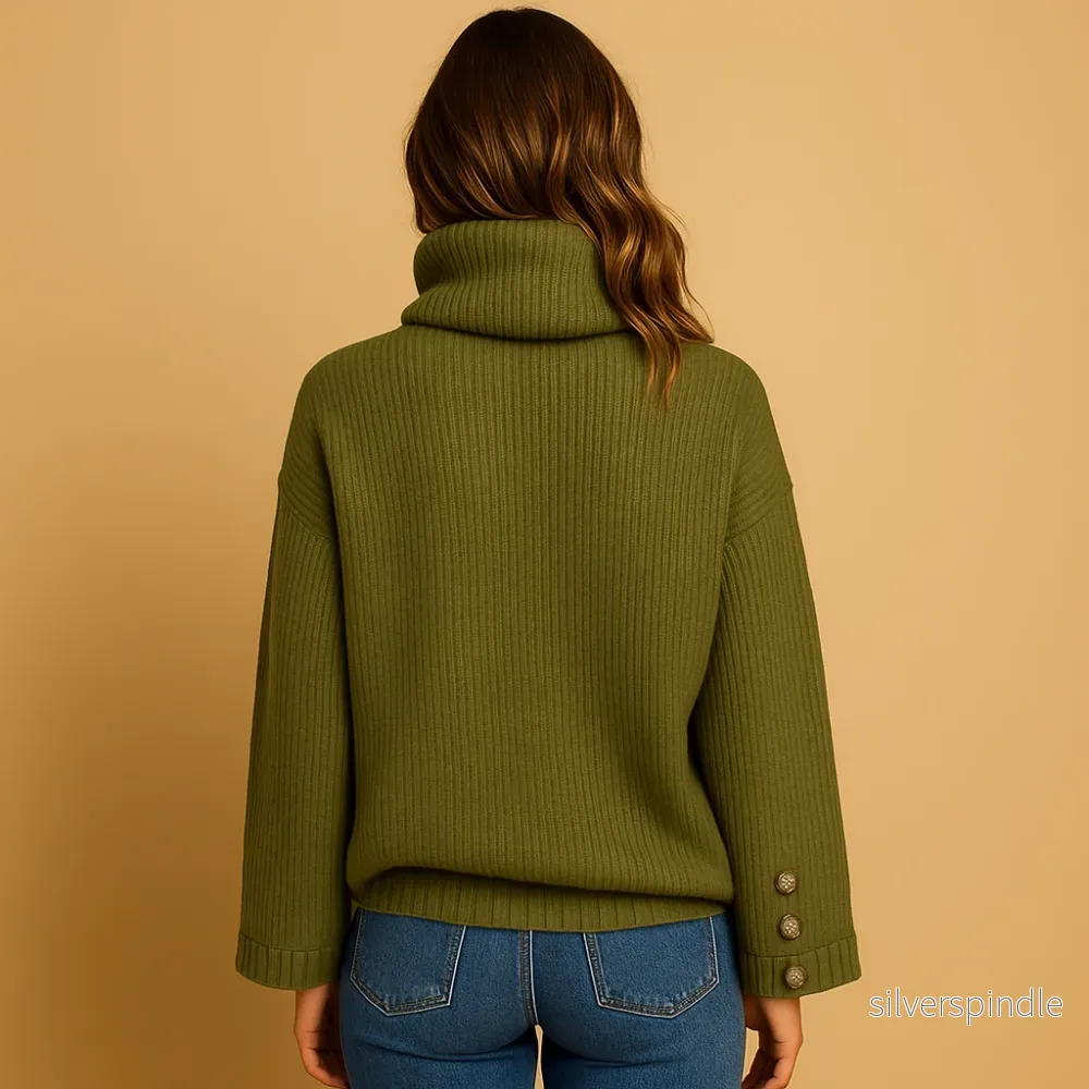 Elegant Stickad Dam Tröja med Knappdetaljer | Hög Hals för Värme och Stil - Bild 2