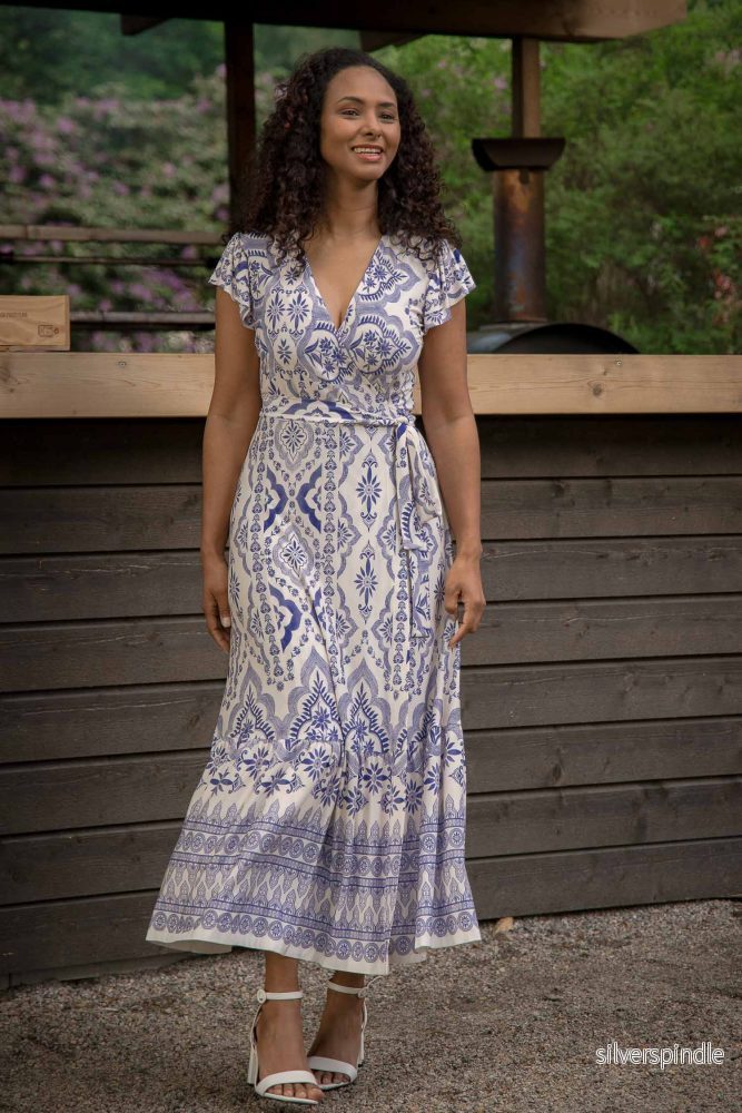 Frill wrap midi jersey dress – Blue Frill wrap midi jersey dress – Blue