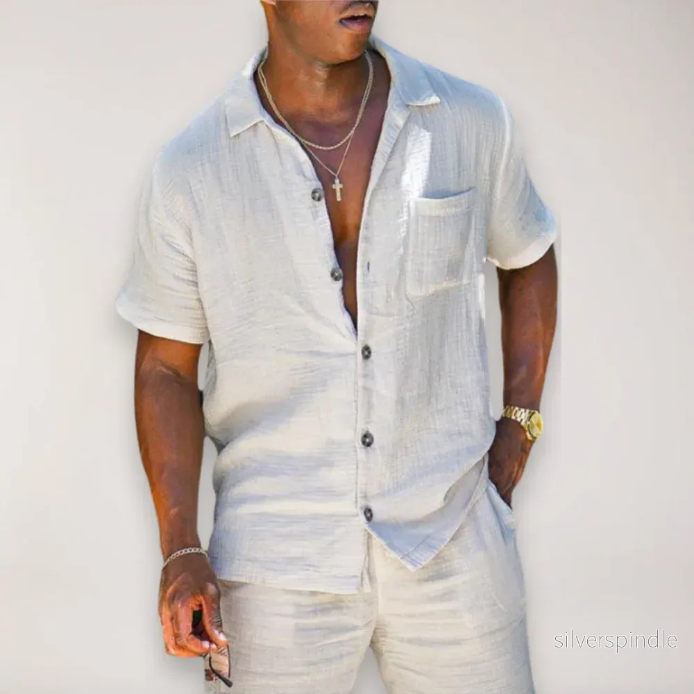 Sommarset för Män | Kortärmad Skjorta och Shorts med Avslappnad Passform | Luftigt Linne för Komfort och Stil