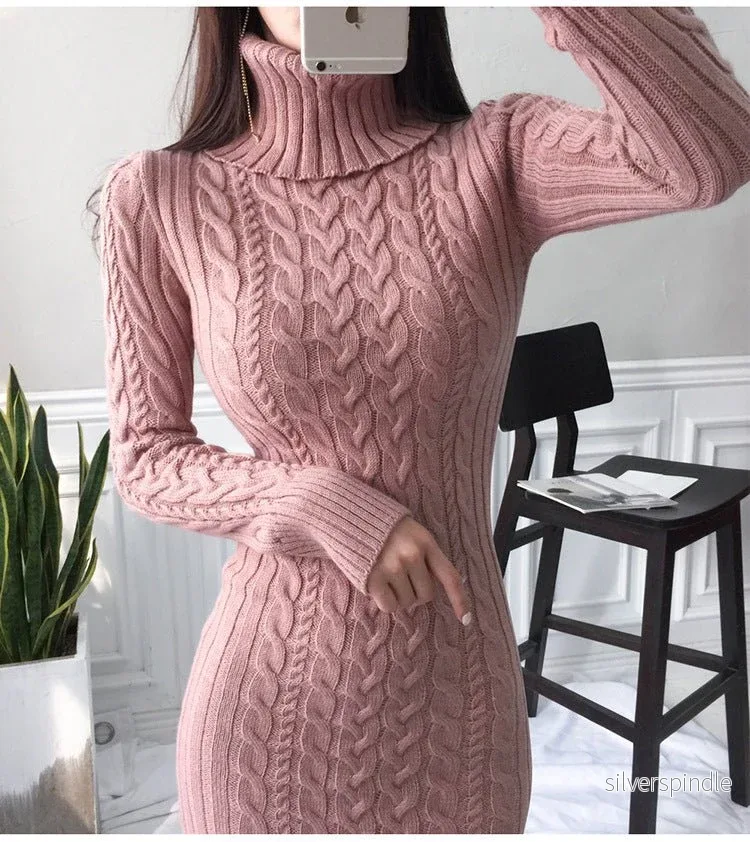 Elegant Stickad Klänning Dam med Turtleneck & Kabelväv | Mysig Midilängd för Kalla Dagar - Bild 3