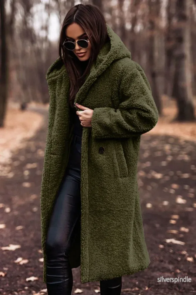 Sofia | Elegant Lång Vinterkappa Ull Dam Med Hoodie - Bild 3