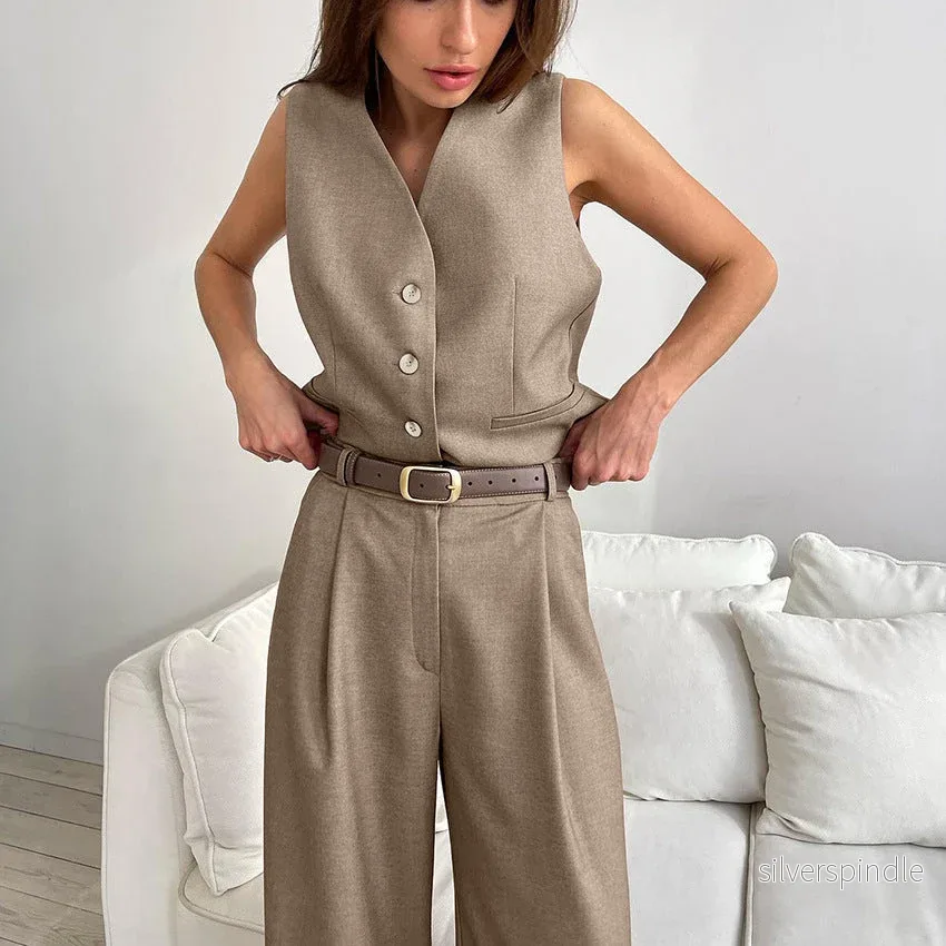 Elegant Tvådelat Set Dam med Vida Ben och Knappdetaljer | Mångsidig Outfit för Alla Tillfällen - Bild 2