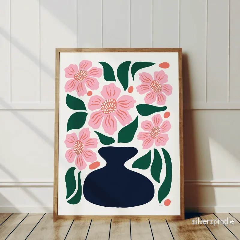 Botanisk poster rosa blommor i svart vas – väggkonst för vardagsrum och hall